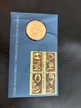 American Revolution Bicentennial Commemorative Medal with Stamp Block - Blue